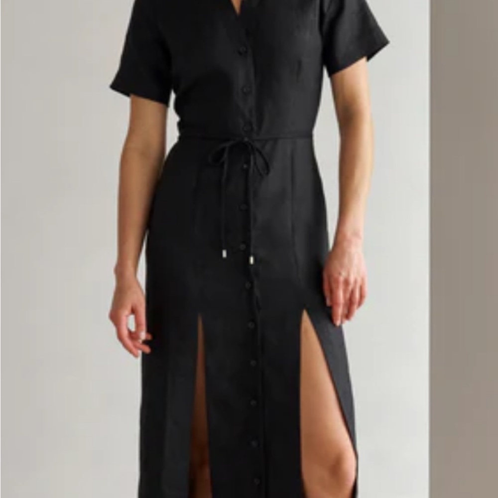 Hevron linen Black Button-Down Dress